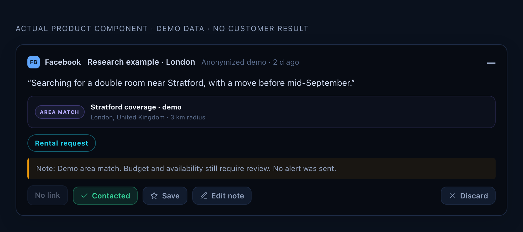 Actual Demand Locator opportunity card, rendered with anonymized London demo data and an illustrative area match.